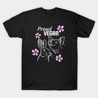 Proud vegan design featuring pig, rabbit and pink flowers T-Shirt